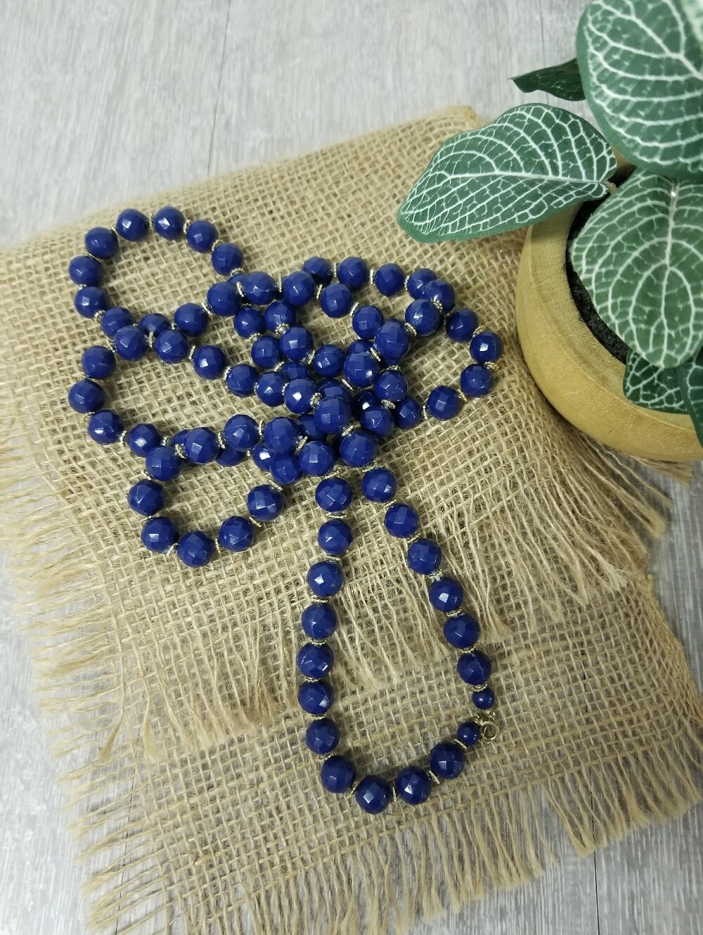 Long Royal Blue Beaded Necklace Vintage - Picture 7 of 10